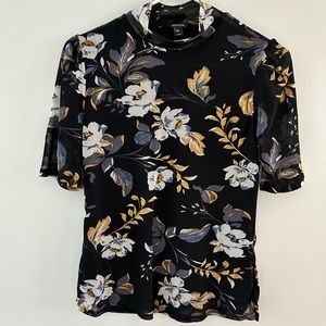Short sleeve floral mesh top with mock neck
